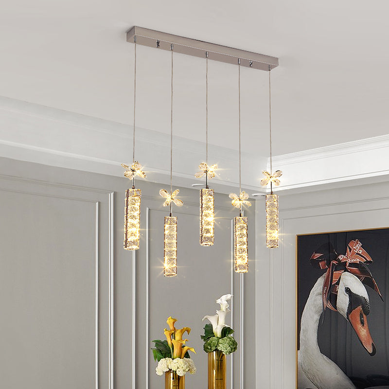 Modern Led Multi Pendant Light With Cut Crystal Linear And Flower Drop Design In Chrome Finish