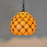Tiffany Single Light Orb Ceiling Lamp - Stained Glass Pendant Fixture With Yellow Jewel For Porch