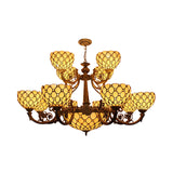 Traditional Beige Stained Glass Chandelier - Bowl Pendant Light With Multi Bead Accent