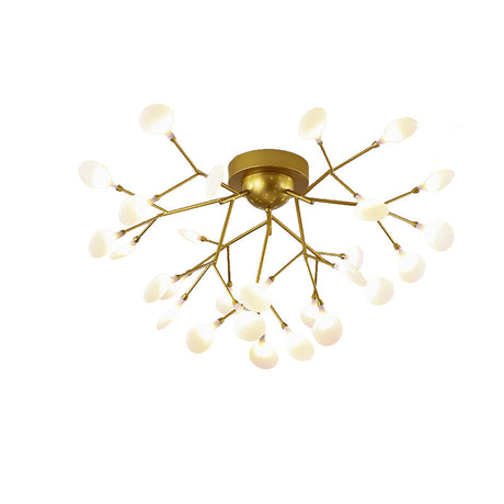 Modern Gold Multi-Head Semi Flush Ceiling Light For Hotels - Creative Plant-Shaped Metal Fixture