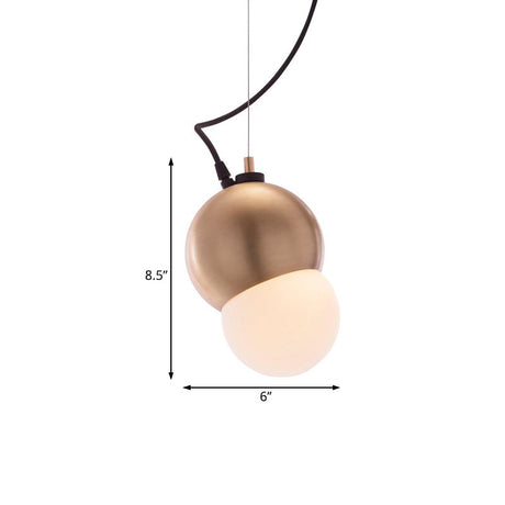 Modernist Metal Domed Hanging Pendant Light With Golden Finish And White Glass Shade