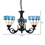 Blue Glass Pendant Light With Grid Pattern 3 Lights Bowl Chandelier For Bedroom
