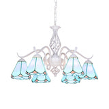 Blue/White Stained Glass Cone Ceiling Chandelier With Traditional White Finish - Multi-Light Pendant