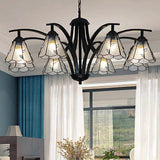 Blue/Green Stained Glass Cone Chandelier: Traditional Ceiling Pendant Light With Leaf Pattern Blue