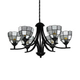 Traditional Tiffany Pendant Light - 6/8 Lights Grid Pattern Chandelier With 16 Hanging Chain Clear