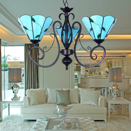 Vintage Glass Pendant Chandelier - Leaf Ceiling Light With 3 Adjustable Lights In Blue/Clear For