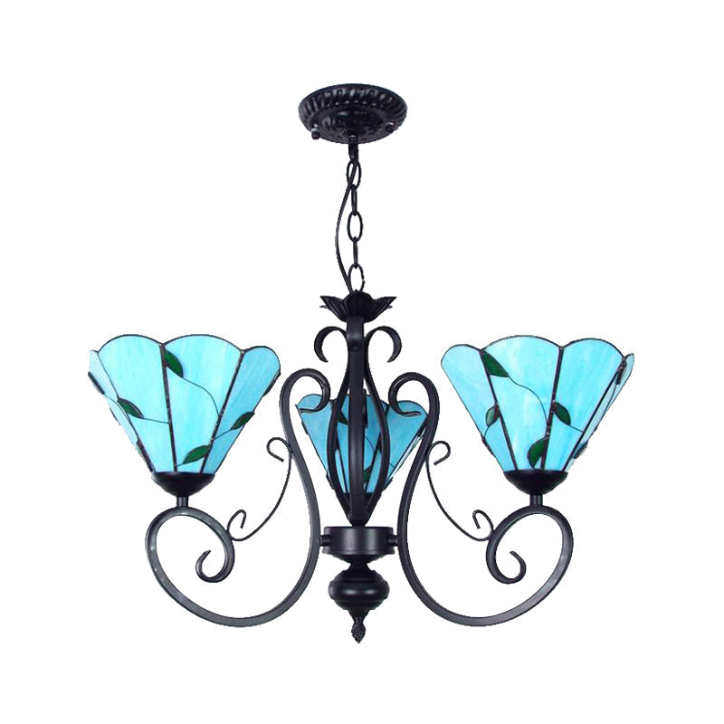 Vintage Glass Pendant Chandelier - Leaf Ceiling Light With 3 Adjustable Lights In Blue/Clear For
