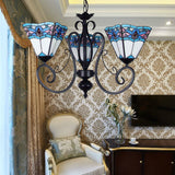 Adjustable 3-Light Blue Stained Glass Pendant Light With Metal Chain - Pyramid Hanging Lighting