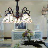 Rustic Stained Glass Pendant Chandelier With Gooseneck And Rhombus/Leaf Pattern - 5-Light Beige