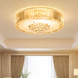 Minimal Led Gold Drum Flush Mount Lamp With Faceted Crystal Ideal For Bedroom Ceiling Lighting