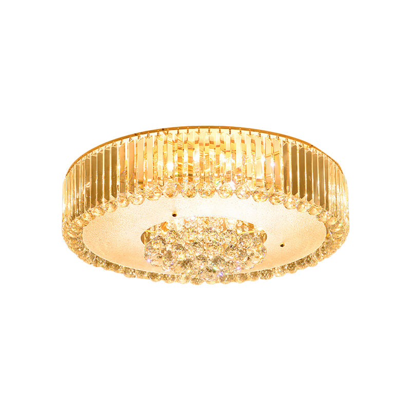 Minimal Led Gold Drum Flush Mount Lamp With Faceted Crystal Ideal For Bedroom Ceiling Lighting