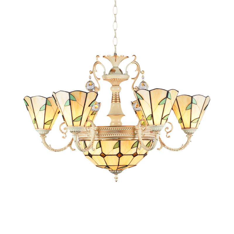 9/11 Lights Leaf Indoor Pendant Light With Stained Glass Cone And Dome Shade - Rustic Chandelier