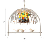Tiffany Style White Bird Cage Pendant Light - 1-Light Stainless Glass Ceiling Lamp With Inner House