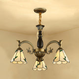 Adjustable 3-Light Rustic Chandelier: Beige Glass Cone Shades For Dining Room