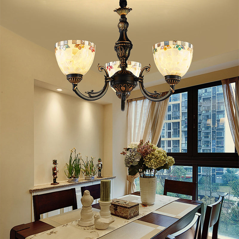 Traditional 3-Light Bowl Chandelier With Beige Glass For Dining Room Pendant Lighting
