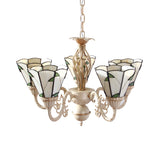 Rustic Green Leaf Chandelier With 5 Beige Glass Lights For Hall Ceiling