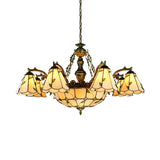 Stained Glass Conical Chandelier - Tiffany Style 9/11 Light Fixture With Leaf Pattern Beige Down