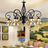 Peacock Design Stained Glass Conical Chandelier - 6/8 Light Rustic Pendant