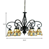 Peacock Design Stained Glass Conical Chandelier - 6/8 Light Rustic Pendant