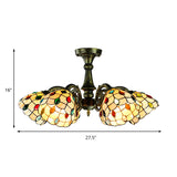 Vintage Tiffany Stained Glass Pendant Light Chandelier With Peacock Tail Design - 6 Lights Antique