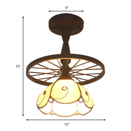 Beige Petal Shaped Ceiling Light With Tiffany Glass For Cafe - Semi Flush 1