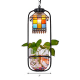 Tiffany Style House Shaped Hanging Lamp With Stainless Glass & Black Finish - 1 Head Ceiling Light