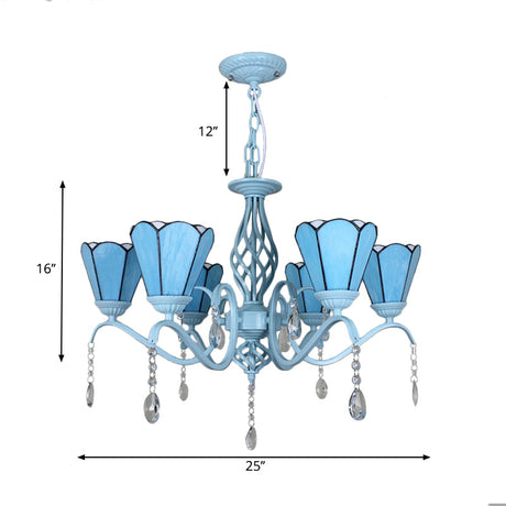 Tiffany Style Cone Pendant Light With Adjustable Chain In White/Blue/Clear Stained Glass - Perfect