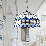 Blue Stained Glass Tiffany Hanging Light With Domed Shade - Traditional Living Room Suspension