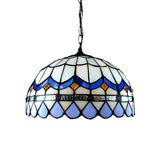 Blue Stained Glass Tiffany Hanging Light With Domed Shade - Traditional Living Room Suspension