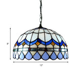 Blue Stained Glass Tiffany Hanging Light With Domed Shade - Traditional Living Room Suspension