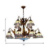 Blue Tiffany Stained Glass Chandelier Lamp - Cone/Dome Pendant Light With 15 Lights Baroque/Magnolia