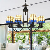 Tiffany Blue Glass Lattice Bucket Chandelier With Multiple Hanging Heads - Ideal For Hotels And