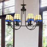 Tiffany Blue Glass Lattice Bucket Chandelier With Multiple Hanging Heads - Ideal For Hotels And