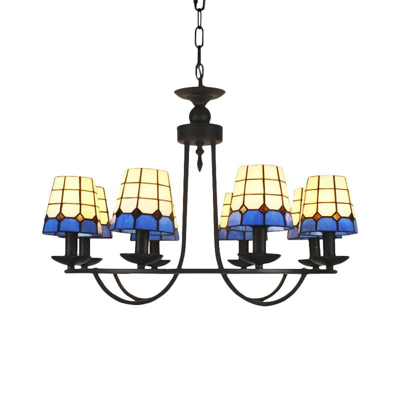 Tiffany Blue Glass Lattice Bucket Chandelier With Multiple Hanging Heads - Ideal For Hotels And