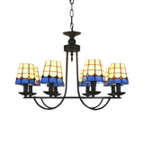 Tiffany Blue Glass Lattice Bucket Chandelier With Multiple Hanging Heads - Ideal For Hotels And