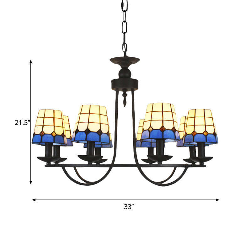 Tiffany Blue Glass Lattice Bucket Chandelier With Multiple Hanging Heads - Ideal For Hotels And