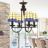 Tiffany Blue Glass Lattice Bucket Chandelier With Multiple Hanging Heads - Ideal For Hotels And