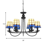 Tiffany Blue Glass Lattice Bucket Chandelier With Multiple Hanging Heads - Ideal For Hotels And