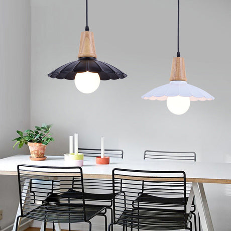 Industrial Scalloped Metal Hanging Pendant Light With Wooden Cap - Bedroom Suspension In White/Black