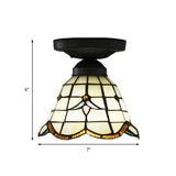 Tiffany Grid Dome Ceiling Light - 6/7 Width Art Glass Flush Mount In White For Hallway