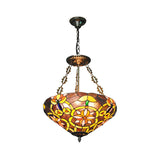 Floral Tiffany Stained Glass Chandelier: Umbrella Shade Pendant With 3 Lights - Brown/Pink Perfect