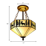 Rustic American Forest Deer Glass Ceiling Lamp - 11/18/22 Wide Semi Flush Mount Light In Beige