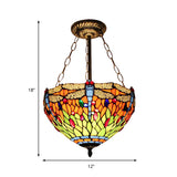 Dragonfly Stained Glass Ceiling Light - Rustic Tiffany Inverted Semi Flush Lamp (12/16 Wide Orange)