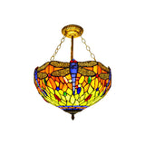 Dragonfly Stained Glass Ceiling Light - Rustic Tiffany Inverted Semi Flush Lamp (12/16 Wide Orange)