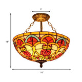 Tiffany Baroque Bowl Ceiling Light: Stained Glass Inverted Semi Flush Mount In Green/Red For Villas