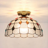 Tiffany Style Stained Glass Flush Ceiling Light With Scalloped Bowl Design Antique Bronze / Gem