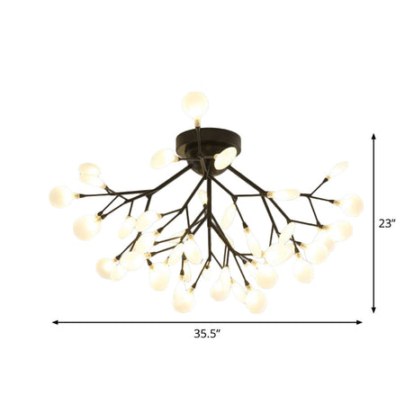 Modern Black Twig Ceiling Light With Round Flower Design - Creative Metallic Semi Flush For Cafes