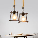 Vintage Style Metal And Rope Pendant Light With Black Wire Cage - 1 Hanging Lamp Cylinder/Square
