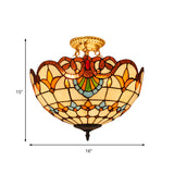 Victorian Stained Glass Bowl Semi Flush Light - Blue/Brown 3 Lights For Foyer
