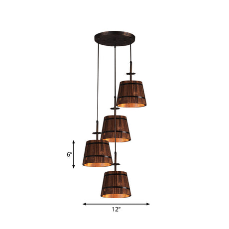 Rustic Wood Pendant Light With 4 Hanging Lamps - Coolie Shade For Restaurants In Brown